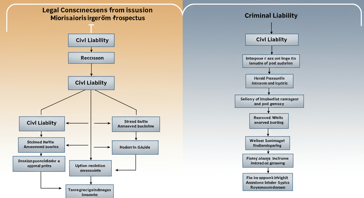 prospectus in company law - A flowchart showing the legal consequences of a misleading prospectus, branching into 'Civil Liability' (damages, rescission) and 'Criminal Liability' (fines, imprisonment).