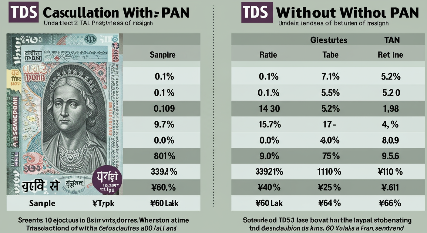 Section 194Q TDS - detailed comparison table as a high-quality graphic showing the difference in TDS calculation with and without PAN, highlighting the 0.1% vs 5% rate on a sample transaction of ₹60 lakh.