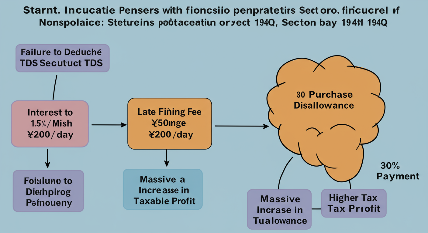 Section 194Q TDS - educational infographic showing the cascading financial penalties of non-compliance with Section 194Q. Start with 'Failure to Deduct TDS' leading to three branches: 'Interest @ 1.5%/month', 'Late Filing Fee ₹200/day', and the largest branch '30% Purchase Disallowance', which then leads to 'Massive Increase in Taxable Profit' and 'Higher Tax Payment'.