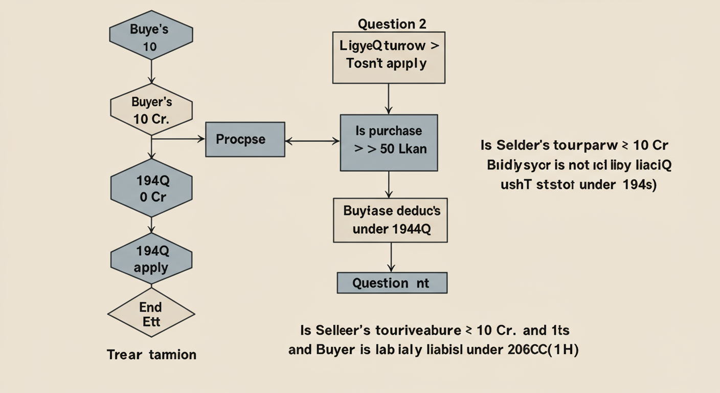 Section 194Q TDS - professional minimalist flowchart showing the decision-making process for a transaction. Question 1: Is Buyer's turnover > 10 Cr? If yes, proceed. If no, 194Q doesn't apply. Question 2: Is purchase from seller > 50 Lakh? If yes, Buyer deducts TDS under 194Q. End. If no, 194Q doesn't apply. Then show a separate path for the seller: Is Seller's turnover > 10 Cr and Buyer is not liable under 194Q? If yes, Seller collects TCS under 206C(1H).
