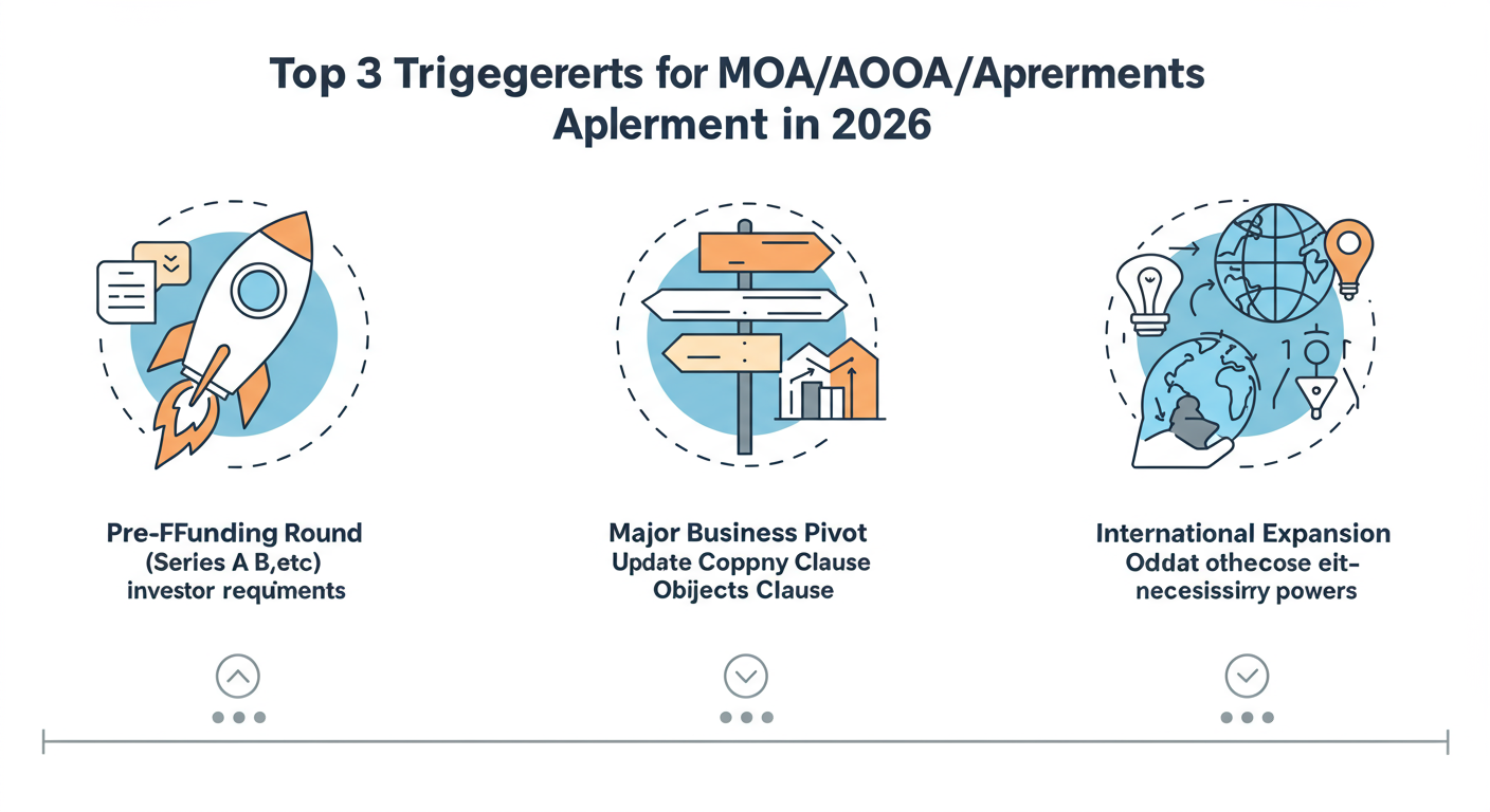 MOA and AOA Difference (2026): A Founder's Strategic Guide 3 MOA and AOA difference - Educational infographic titled 'Top 3 Triggers for MOA/AOA Amendments in 2026'. It shows three icons: 1) A rocket ship labeled 'Pre-Funding Round (Series A, B, etc.)' to align with investor requirements. 2) A crossroads sign labeled 'Major Business Pivot' to update the Objects Clause. 3) A globe labeled 'International Expansion' to add necessary powers.