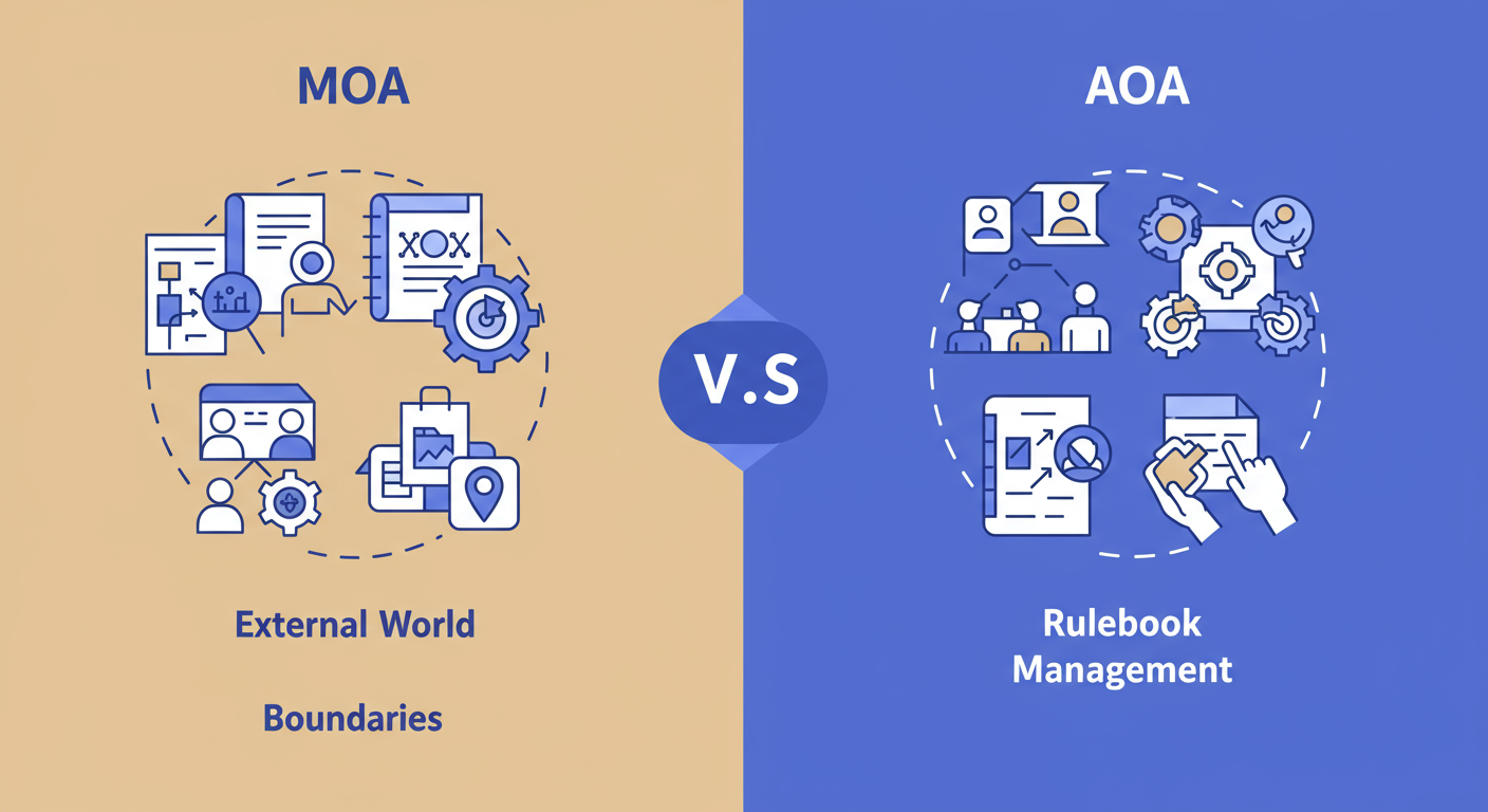 MOA and AOA Difference (2026): A Founder's Strategic Guide 1 MOA and AOA difference - Professional minimalist infographic visually comparing the MOA and AOA. Left side shows MOA with icons for 'Constitution', 'External World', 'Boundaries'. Right side shows AOA with icons for 'Rulebook', 'Internal Management', 'Procedures'.