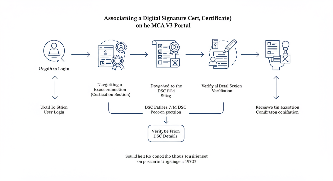 How to Register DSC on MCA Portal (2026 V3 Guide) 1 register DSC on MCA - Professional minimalist flowchart showing the 5-step process to associate a DSC on the MCA V3 portal, from login to final verification.