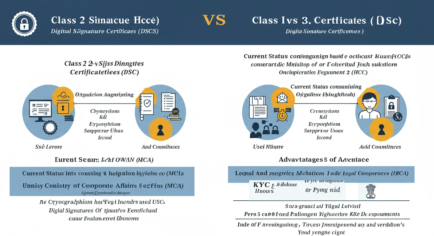 How to Register DSC on MCA Portal (2026 V3 Guide) 2 register DSC on MCA - High-quality graphic comparing Class 2 vs. Class 3 DSC, showing differences in security level, use cases, and current MCA status.