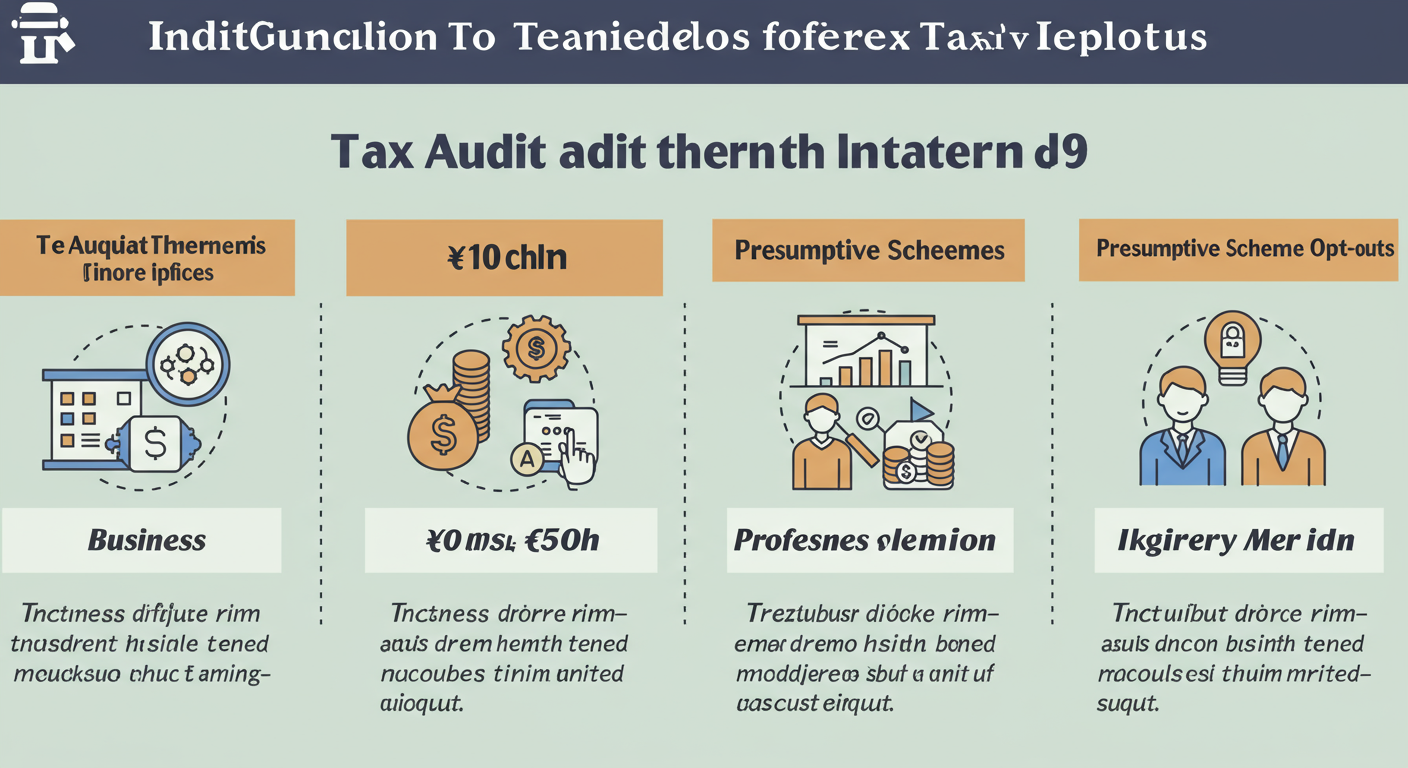 income tax audit report due date - Educational infographic visually comparing the tax audit thresholds for Business (₹1 crore vs ₹10 crore with digital payment icon), Profession (₹50 lakh), and Presumptive Scheme Opt-outs.