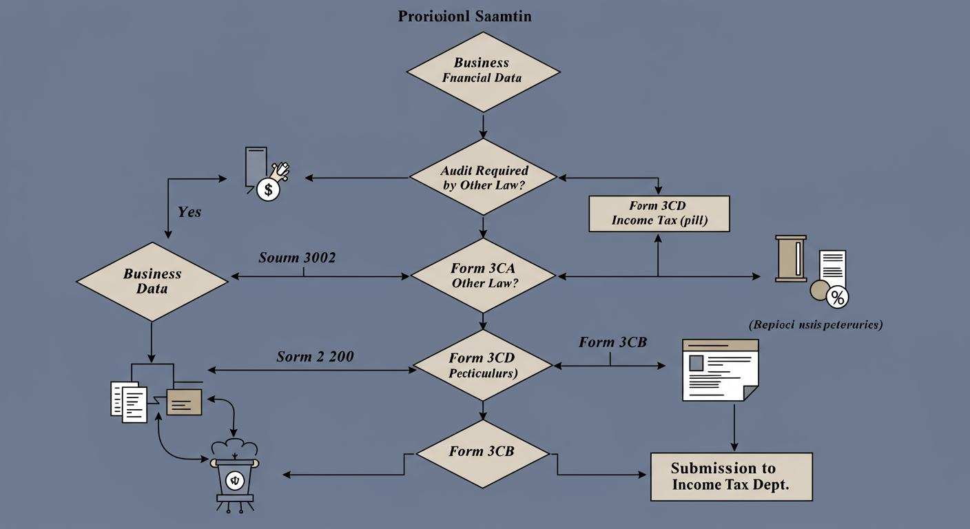 income tax audit report due date - Professional minimalist flowchart showing the workflow: 'Business Financial Data' leads to a decision diamond 'Audit Required by Other Law?'. 'Yes' branch goes to 'Form 3CA', 'No' branch goes to 'Form 3CB'. Both branches then merge and point to 'Form 3CD (Detailed Particulars)', which finally points to 'Submission to Income Tax Dept'.