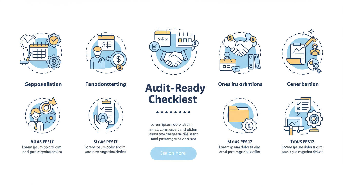 income tax audit report due date - A clean, modern step-by-step diagram illustrating the 7-step audit-ready checklist, with icons for each step like a calendar, a reconciliation symbol, a handshake, a folder, etc.