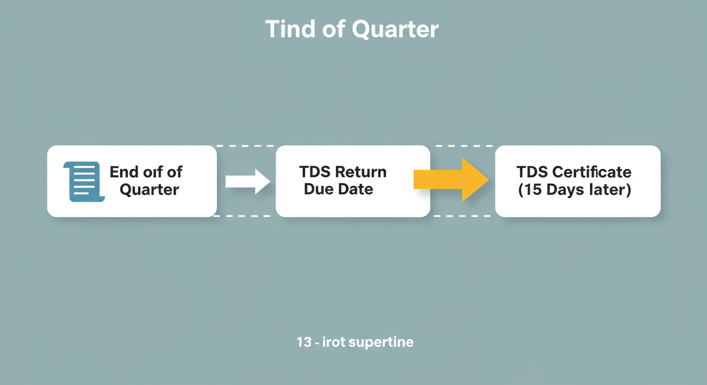 TDS return filing due date - A simple, educational graphic showing a timeline. It starts with 'End of Quarter', then 'TDS Return Due Date', and finally 'TDS Certificate Due Date (15 days later)'.
