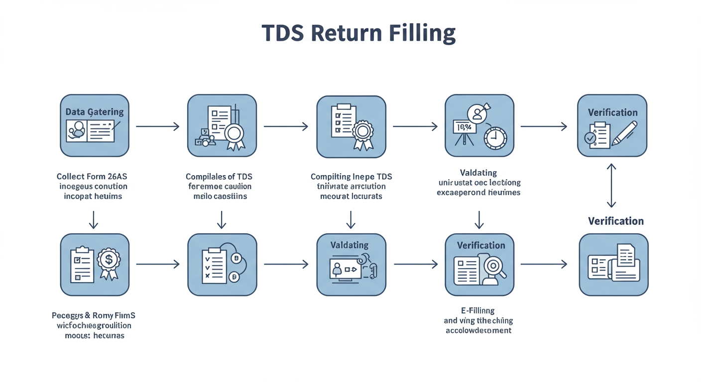 TDS return filing due date - Professional minimalist flowchart showing the 6-step workflow of TDS return filing, from data gathering to verification.