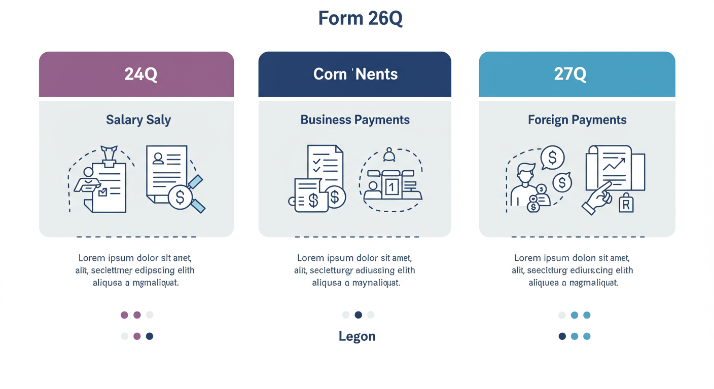 TDS return filing due date - A clean, modern infographic comparing Form 24Q, 26Q, and 27Q side-by-side, with icons for 'salary', 'business payments', and 'foreign payments'.