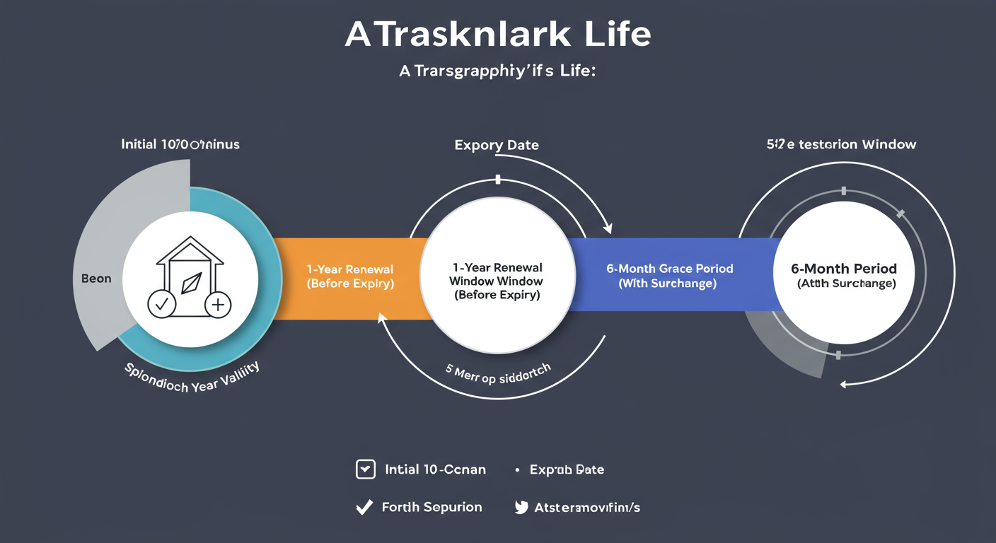 Trademark Renewal India - Professional minimalist infographic showing a circular timeline for a trademark's life. Segments include 'Initial 10-Year Validity', '1-Year Renewal Window (Before Expiry)', 'Expiry Date', '6-Month Grace Period (With Surcharge)', and '6-Month Restoration Window (After Removal)'.