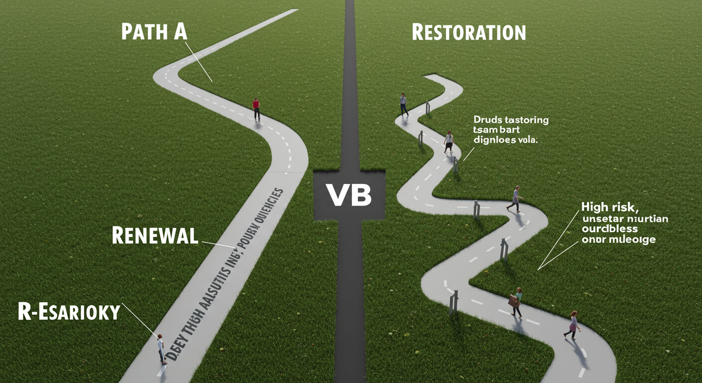 Trademark Renewal India - A high-quality graphic visually comparing two paths. Path A (Renewal) is a straight, easy line labeled 'Low Risk'. Path B (Restoration) is a winding, difficult path with hurdles, labeled 'High Risk, Uncertain Outcome'.