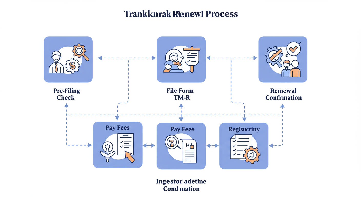 Trademark Renewal India - A clean, professional flowchart diagram illustrating the 5 steps of the trademark renewal process. Each step is in a box with a connecting arrow: 1. Pre-Filing Check -> 2. File Form TM-R -> 3. Pay Fees -> 4. Registry Scrutiny -> 5. Renewal Confirmation.