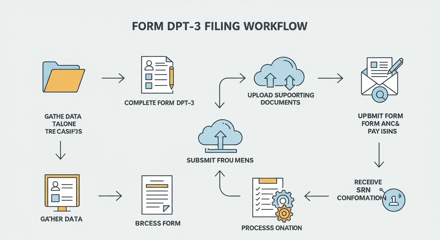 DPT 3 due date - Professional minimalist flowchart showing the 6-step workflow of filing Form DPT-3, from 'Gather Data' to 'Receive SRN Confirmation'. Use simple icons for each step.