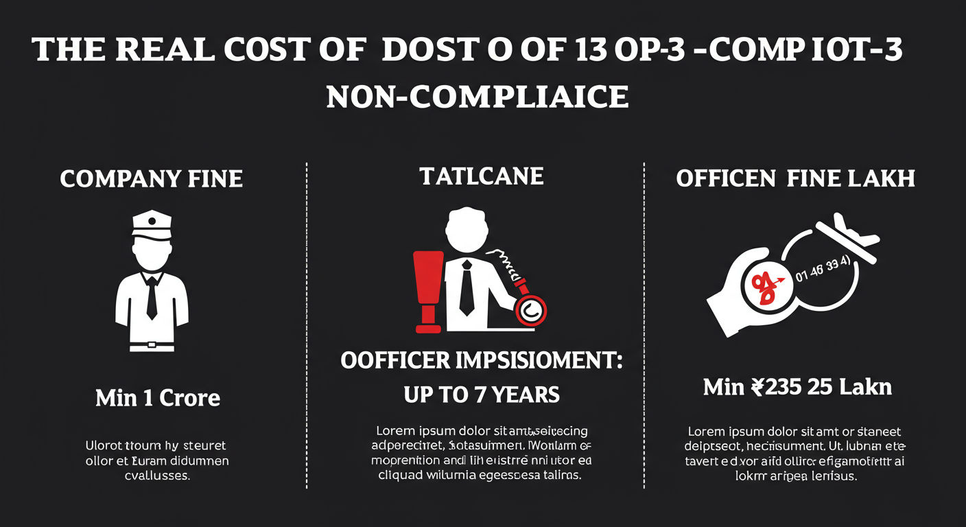 DPT 3 due date - Educational infographic with a dark background and bold red text, titled 'The Real Cost of DPT-3 Non-Compliance'. Show three sections: 'Company Fine: Min ₹1 Crore', 'Officer Imprisonment: Up to 7 Years', and 'Officer Fine: Min ₹25 Lakh'. Use stark, minimalist icons for each.