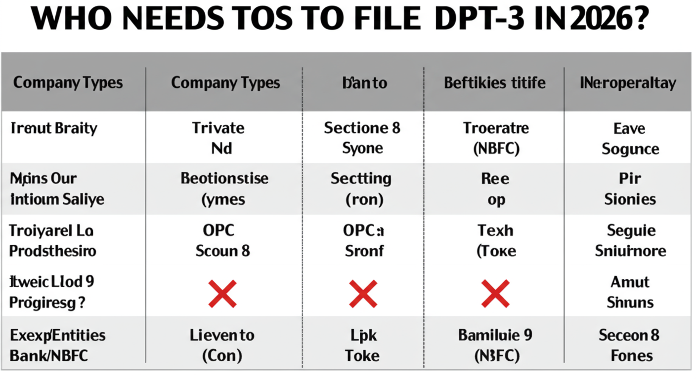 DPT 3 due date - Detailed comparison table as a high-quality graphic titled 'Who Needs to File DPT-3 in 2026?'. Use checkmarks and crosses for different company types like Private Ltd, OPC, Section 8, and Exempt entities like Banks/NBFCs.