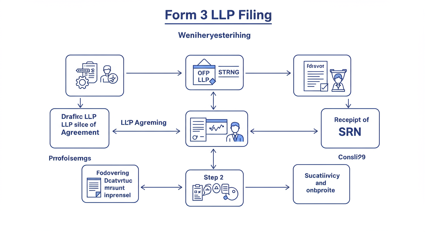 Form 3 LLP filing - professional minimalist flowchart showing the 7-step workflow of Form 3 LLP filing, from drafting the agreement to receiving the SRN
