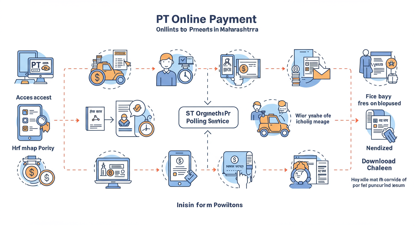 PT online payment Maharashtra - A professional minimalist flowchart showing the 7-step workflow for PT online payment in Maharashtra, from visiting the portal to downloading the final challan.