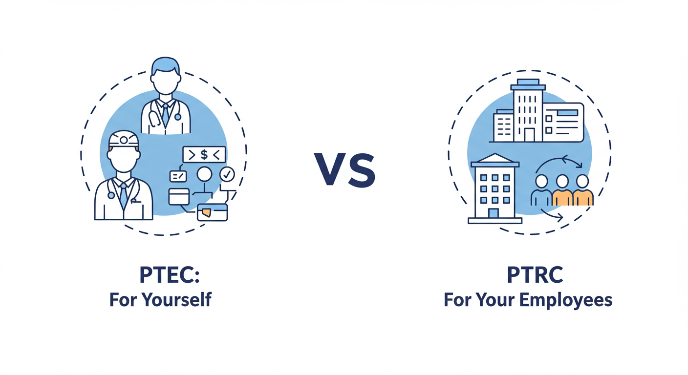 PT online payment Maharashtra - A clean, modern infographic visually comparing PTEC and PTRC. Left side shows an icon of a single person (doctor, lawyer) with the label 'PTEC: For Yourself'. Right side shows an icon of a building with multiple people inside, labeled 'PTRC: For Your Employees'.