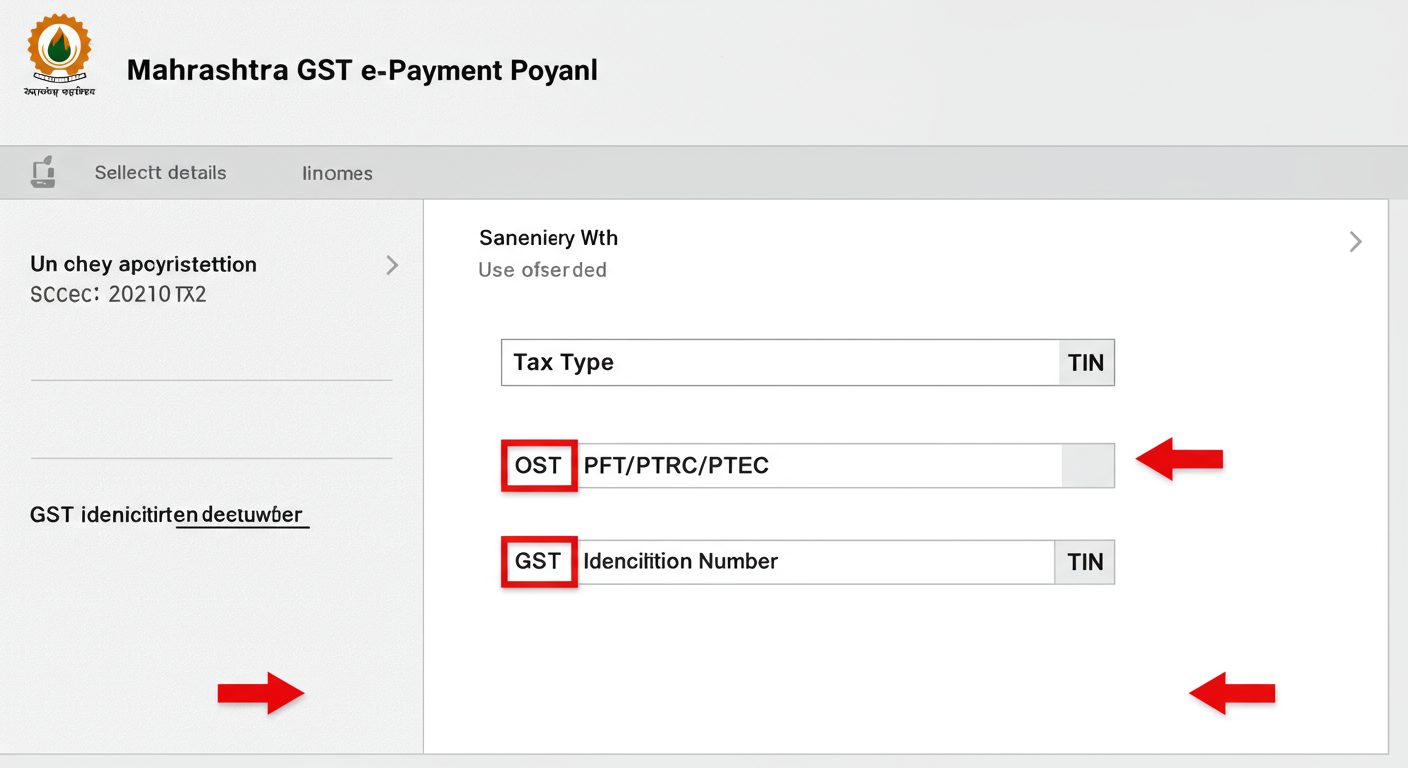 PT online payment Maharashtra - A clear screenshot of the Maharashtra GST e-payment selection screen. Red arrows point to the 'Tax Type' dropdown (showing PFT/PTRC/PTEC selected) and the 'TIN' input field.