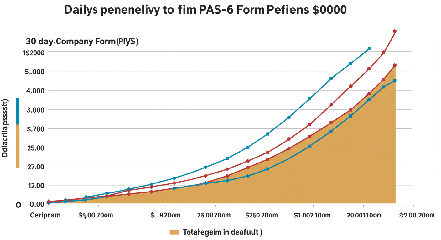 PAS 6 Due Date 2026: The Unlisted Company's Guide to Flawless Filing 1 PAS 6 due date - Data trend graph illustrating the escalating penalty for a 30-day delay in filing Form PAS-6, showing two separate lines—one for the company and one for the officer in default—with the total penalty amount increasing daily.