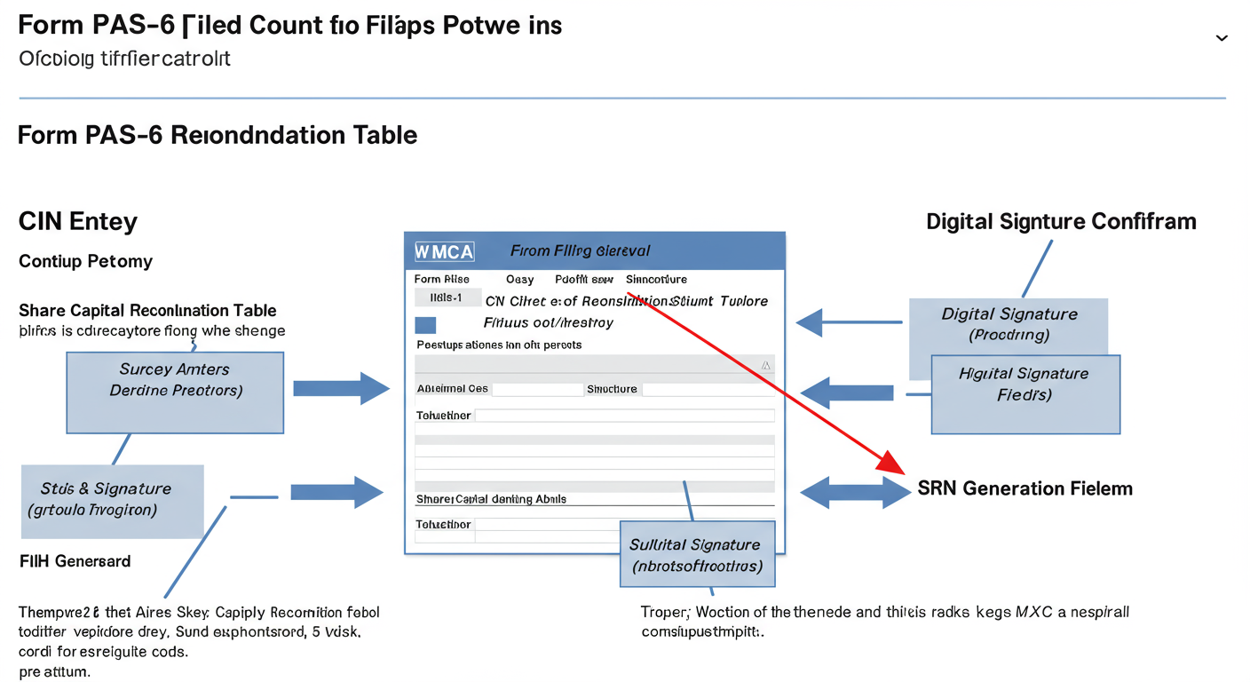 PAS 6 Due Date 2026: The Unlisted Company's Guide to Flawless Filing 3 PAS 6 due date - Step-by-step diagram illustrating the Form PAS-6 filing process on the MCA portal. It could show screenshots of key sections like 'CIN entry', 'Share Capital Reconciliation Table', 'Digital Signature fields', and the final 'SRN Generation' confirmation.