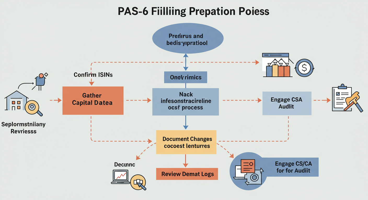 PAS 6 Due Date 2026: The Unlisted Company's Guide to Flawless Filing 2 PAS 6 due date - Professional minimalist flowchart showing the end-to-end PAS-6 filing preparation process. It starts with 'Confirm ISINs', moves to 'Gather Capital Data', then 'Document Changes', 'Review Demat Logs', and finally 'Engage CS/CA for Audit'.
