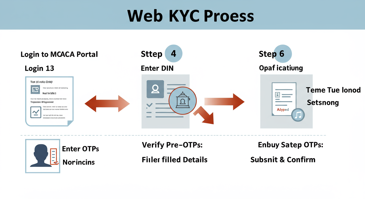 DIR-3 KYC filing - A clean, step-by-step diagram illustrating the Web KYC process. Step 1: 'Login to MCA Portal'. Step 2: 'Navigate to DIR-3 KYC Web'. Step 3: 'Enter DIN'. Step 4: 'Verify Pre-filled Details'. Step 5: 'Enter OTPs'. Step 6: 'Submit & Confirm'.
