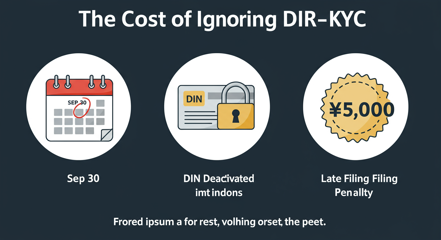 DIR-3 KYC filing - An educational infographic titled 'The Cost of Ignoring DIR-3 KYC'. It shows three icons: a calendar with 'Sep 30' circled, a lock symbol over a 'DIN' card with the text 'DIN Deactivated', and a large '₹5,000' symbol with the text 'Late Filing Penalty'.