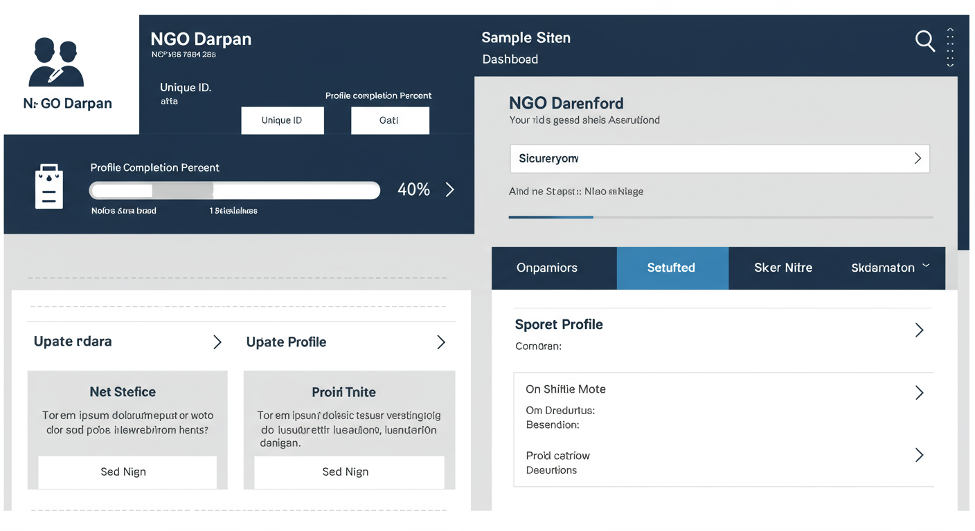 NGO Darpan Portal Registration 2026: A Step-by-Step Guide 2 NGO Darpan Portal Registration - Educational infographic showing a sample NGO Darpan dashboard with key areas highlighted: Unique ID, Profile Completion Percentage, and Update Profile button.