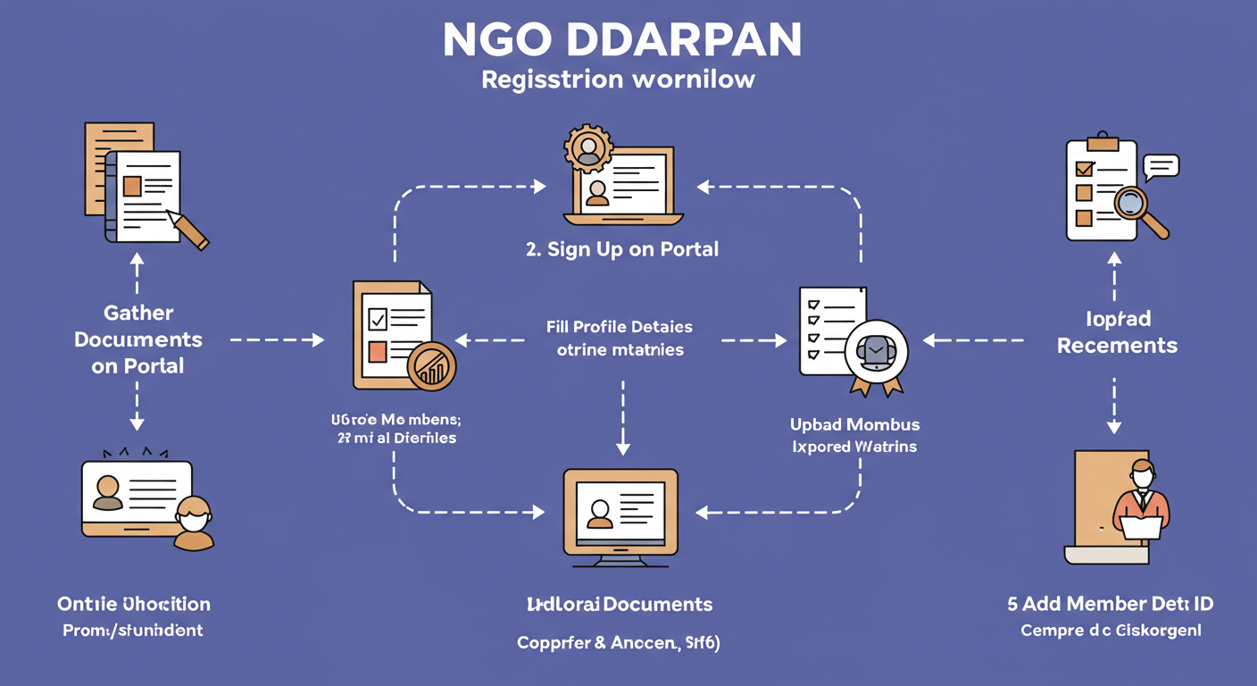 NGO Darpan Portal Registration 2026: A Step-by-Step Guide 1 NGO Darpan Portal Registration - Professional minimalist flowchart showing the NGO Darpan registration workflow: 1. Gather Documents -> 2. Sign Up on Portal -> 3. Fill Profile Details -> 4. Upload Documents -> 5. Add Member Details -> 6. Submit & Receive ID.