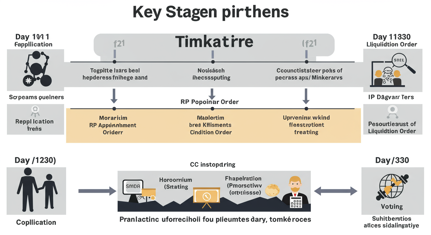 modes of winding up of a company - An educational infographic illustrating the timeline and key stages of the CIRP process. Show a timeline from Day 1 (Application) to Day 180/330 (Resolution/Liquidation Order), with key milestones like Moratorium, RP Appointment, and CoC Voting marked.