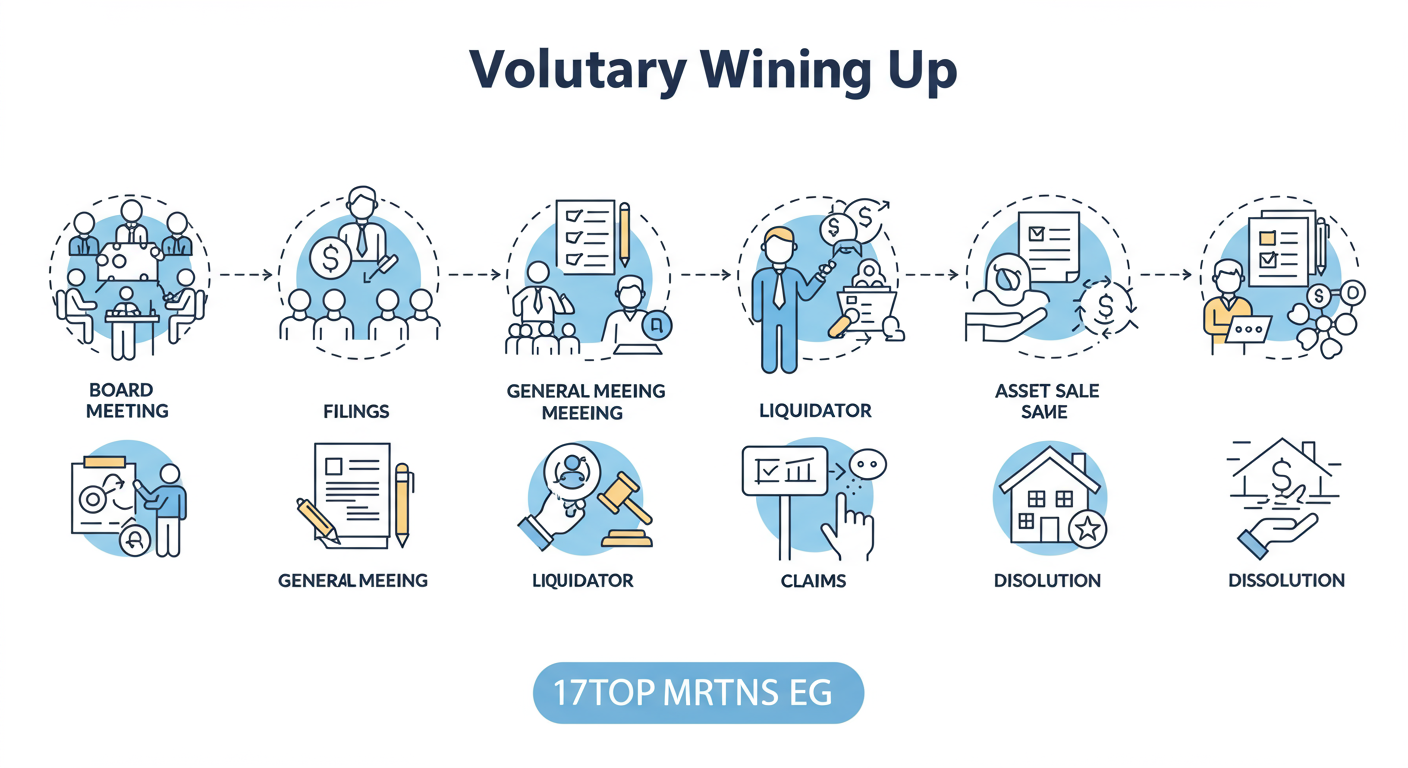 modes of winding up of a company - professional minimalist flowchart showing the 7-step process of Voluntary Winding Up, with icons for each stage: Board Meeting, General Meeting, Filings, Liquidator, Claims, Asset Sale, Dissolution.