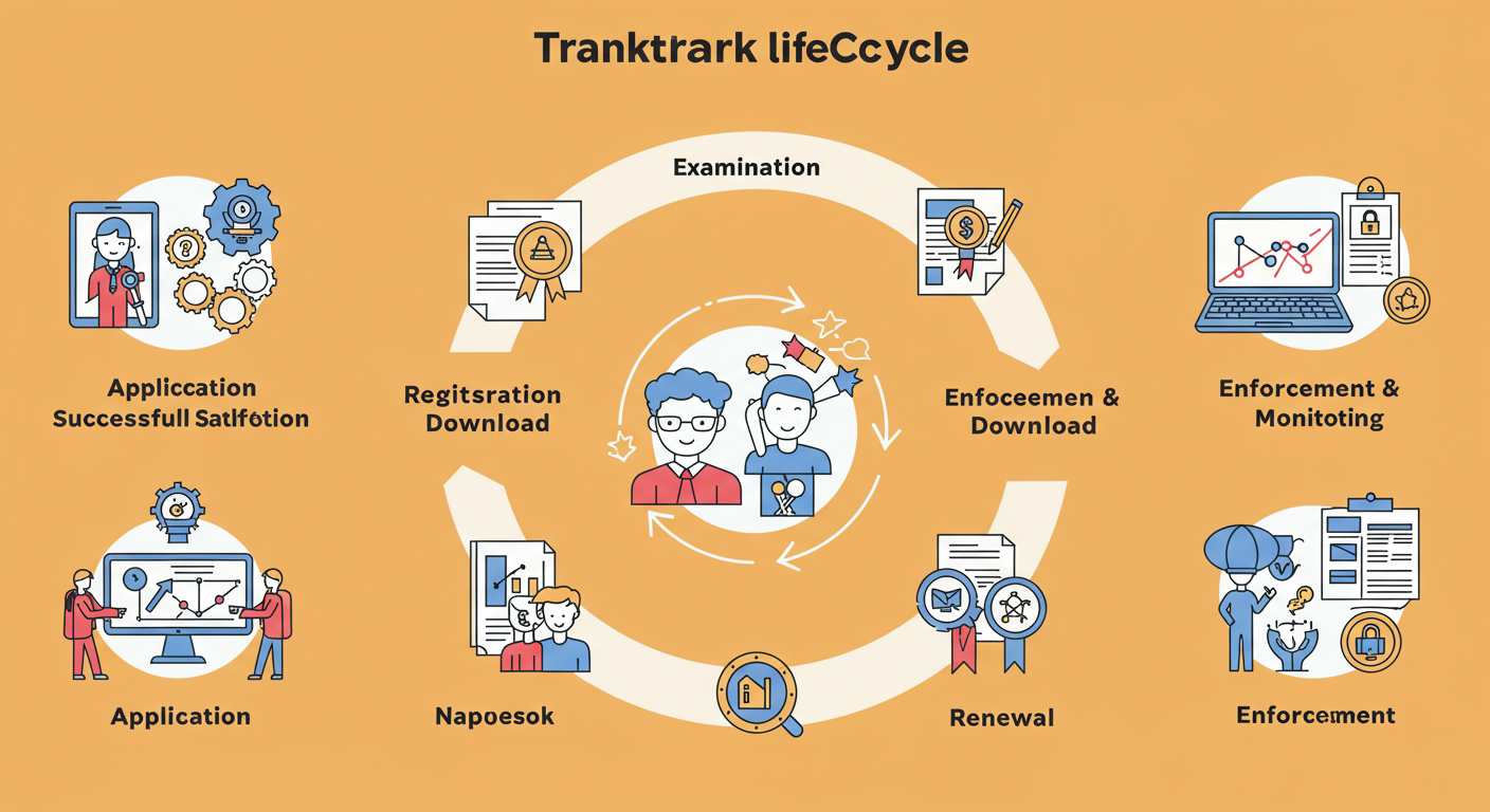 download trademark certificate - Educational infographic showing the trademark lifecycle: a circular flow from 'Application' to 'Examination' to 'Registration & Download' to 'Enforcement & Monitoring' to 'Renewal', and back to 'Enforcement'.