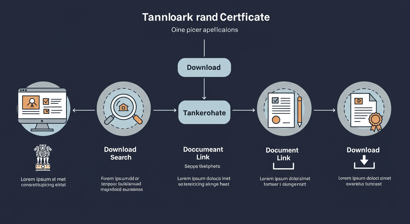 download trademark certificate - Professional minimalist flowchart showing the 5-step workflow to download a trademark certificate from the IP India portal, with icons for each step: website, search, number entry, document link, and download/save.