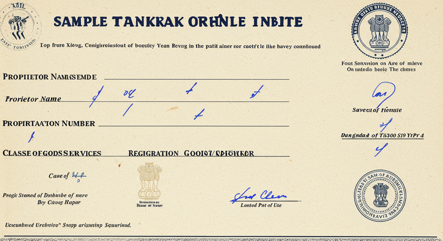 download trademark certificate - High-quality graphic of a sample Indian trademark certificate with key sections like 'Proprietor Name', 'Registration Number', 'Classes of Goods/Services', and 'Date of Use' highlighted with callout boxes explaining each one.