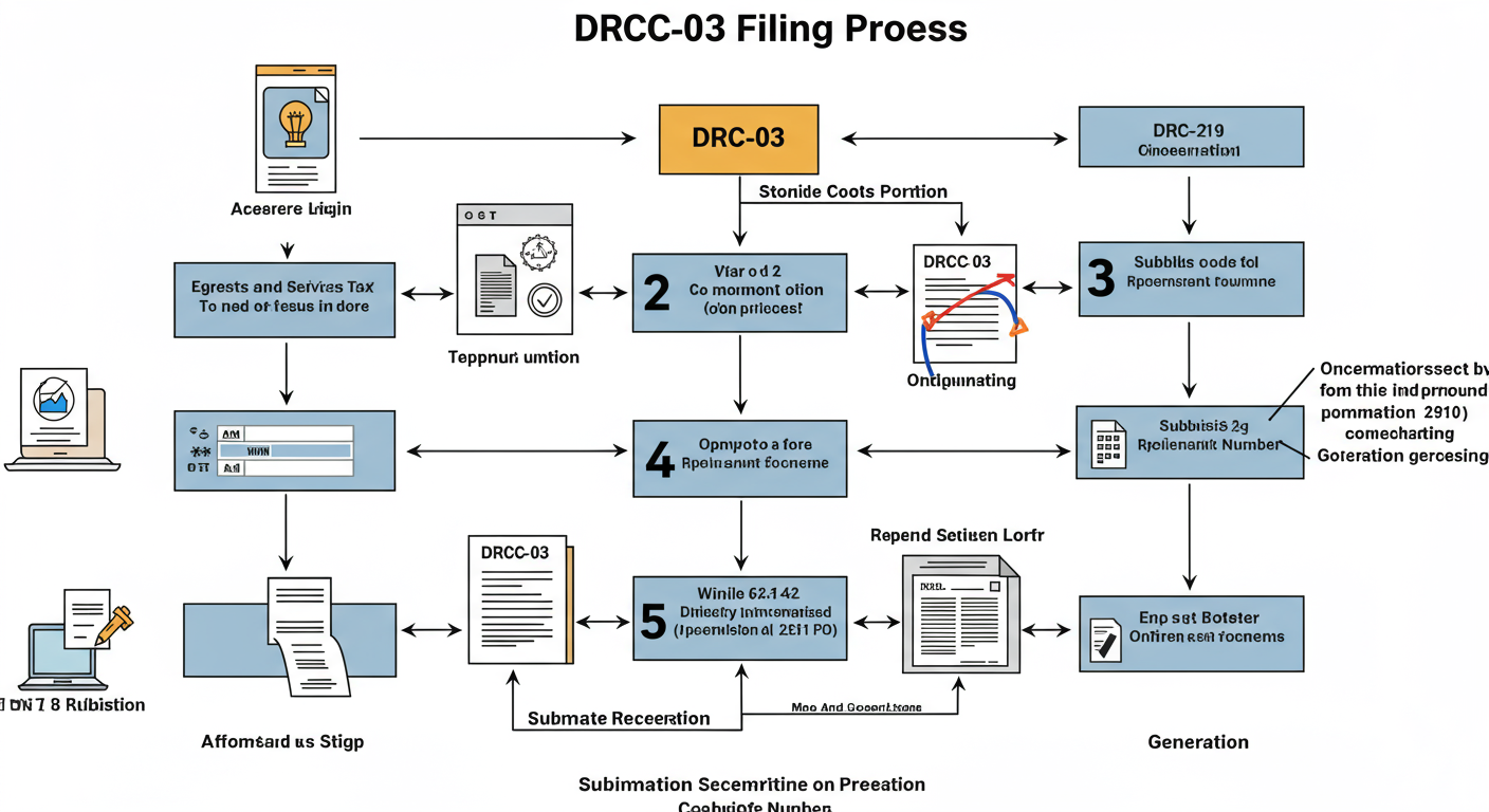 Form DRC 03 - Step-by-step diagram illustrating the DRC-03 filing process on the GST portal, from login to final submission with ARN generation.