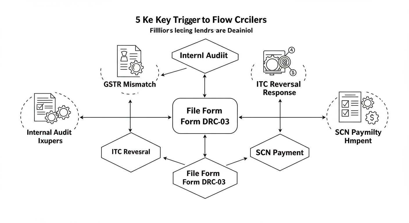 Form DRC 03 - Professional minimalist flowchart showing the 5 key triggers (Internal Audit, GSTR Mismatch, ITC Reversal, DRC-01A Response, SCN Payment) leading to the action 'File Form DRC-03'.