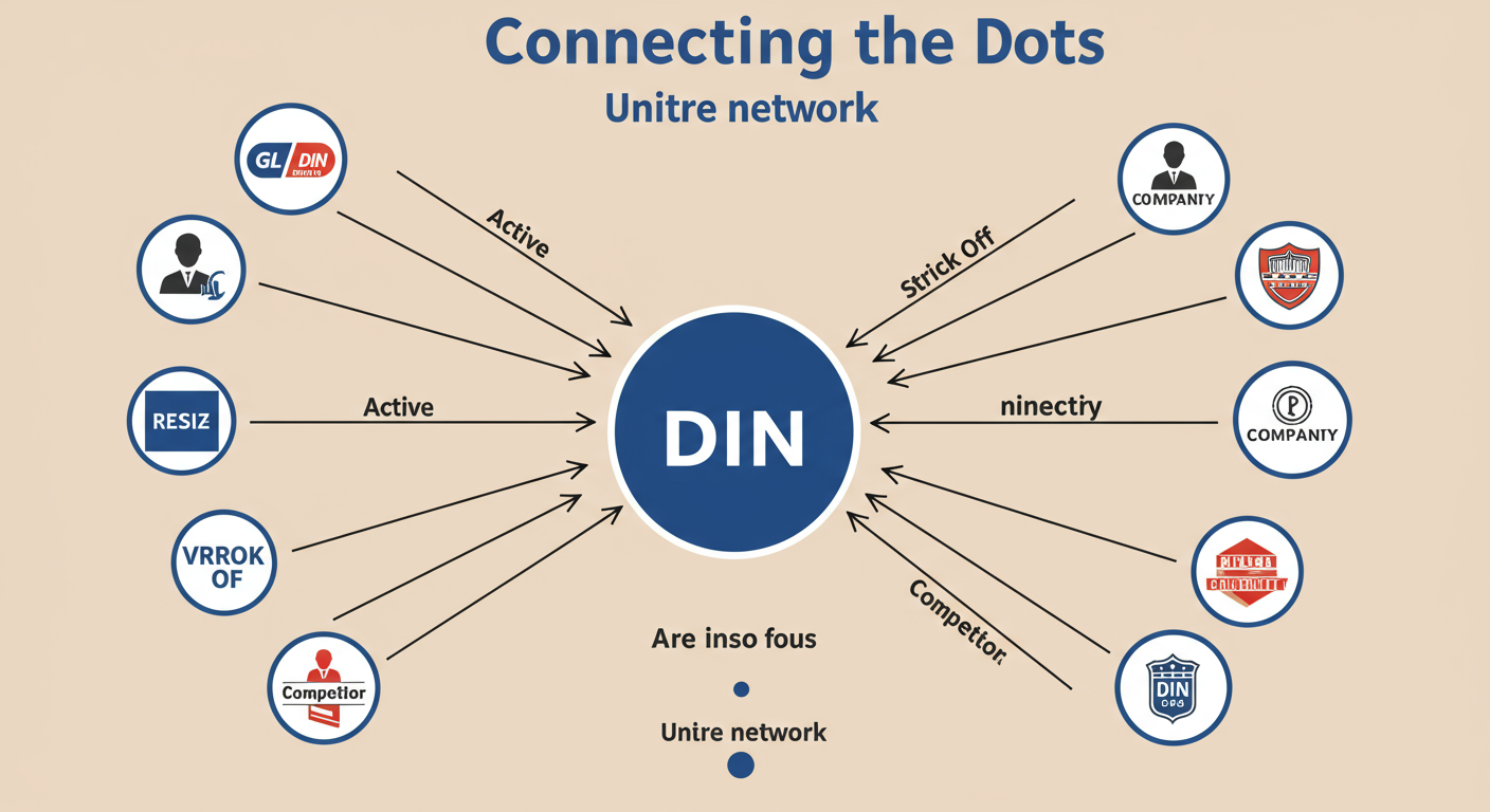 DIN number search - An educational infographic titled 'Connecting the Dots'. It shows a central icon for a 'Director' with their DIN. Arrows point outwards to multiple company logos, some marked 'Active', some 'Struck Off', and one marked 'Competitor', illustrating how a DIN search reveals a director's entire network.