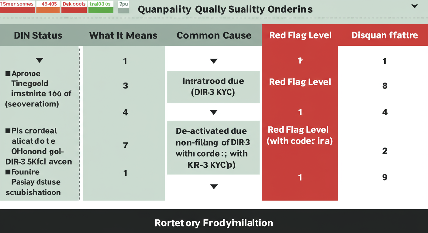 DIN number search - A high-quality graphic designed as a comparison table. Columns: 'DIN Status', 'What It Means', 'Common Cause', 'Red Flag Level (with color codes: Green, Yellow, Red)'. Rows: 'Approved', 'De-activated due to non-filing of DIR-3 KYC', 'Disqualified'.