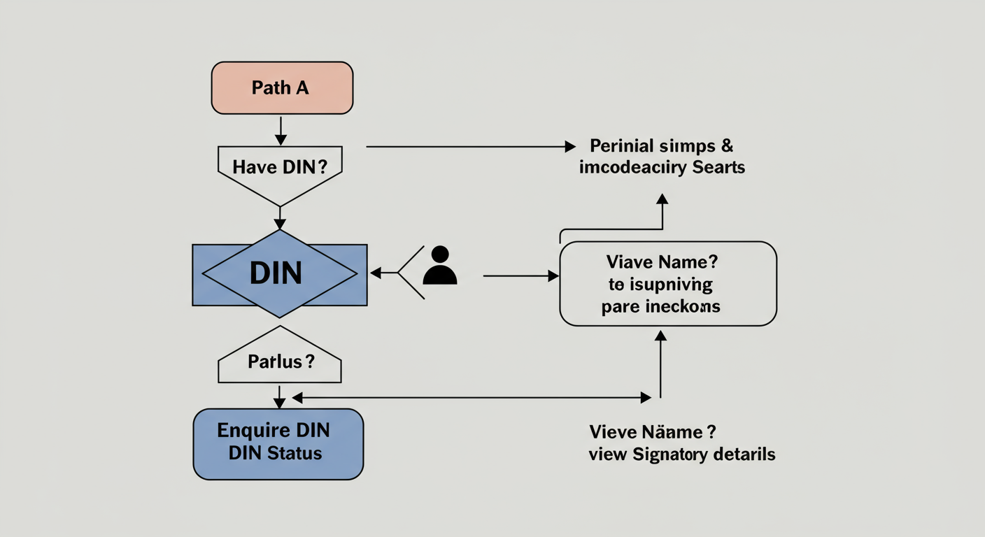 DIN number search - Professional minimalist flowchart showing the two paths for a DIN number search: Path A starting with 'Have DIN?' leading to 'Enquire DIN Status', and Path B starting with 'Have Name?' leading to 'View Signatory Details'.