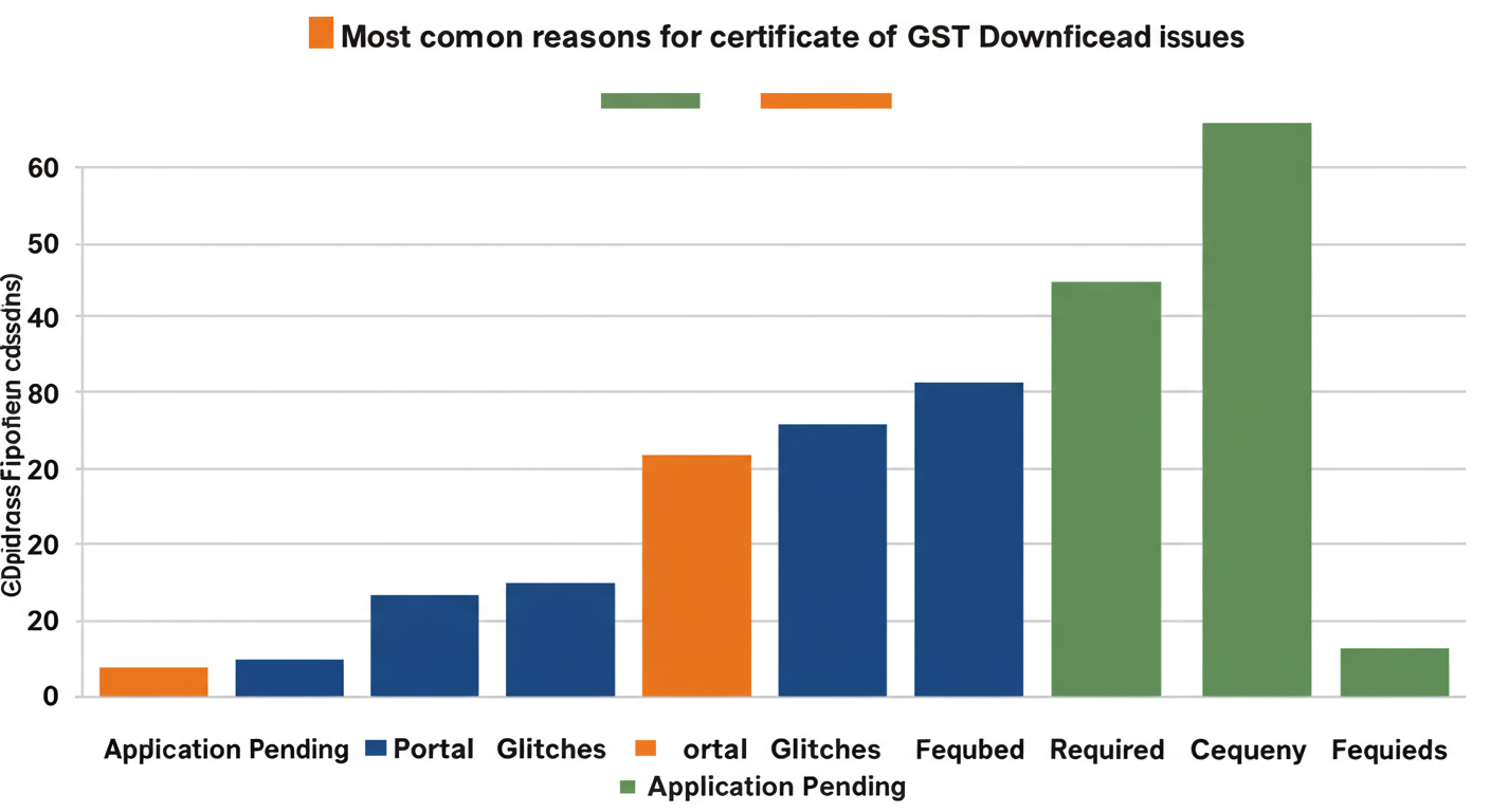 download GST certificate - A data trend graph showing the most common reasons for GST certificate download issues, with 'Application Pending' as the largest bar, followed by 'Portal Glitches' and 'Clarification Required'.
