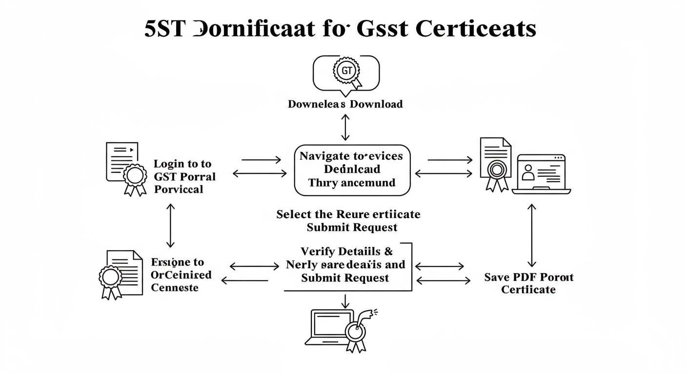 download GST certificate - Professional minimalist flowchart showing the 5-step process to download a GST certificate, starting from 'Login to GST Portal' and ending with 'Save PDF Certificate'.