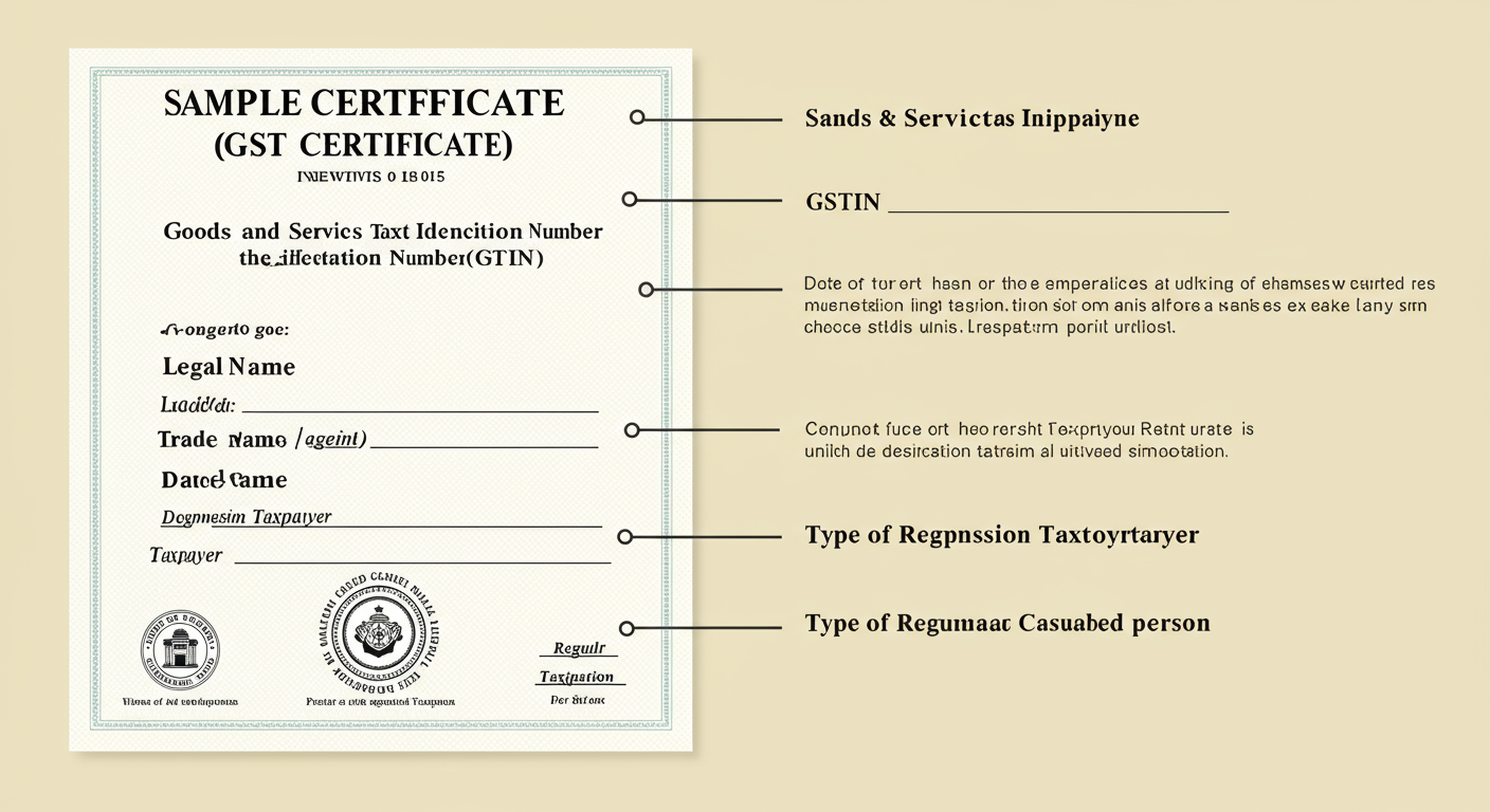 download GST certificate - An educational infographic showing a sample GST certificate with callout boxes explaining each key section: GSTIN, Legal Name, Trade Name, Address, Date of Registration, and Type of Taxpayer.