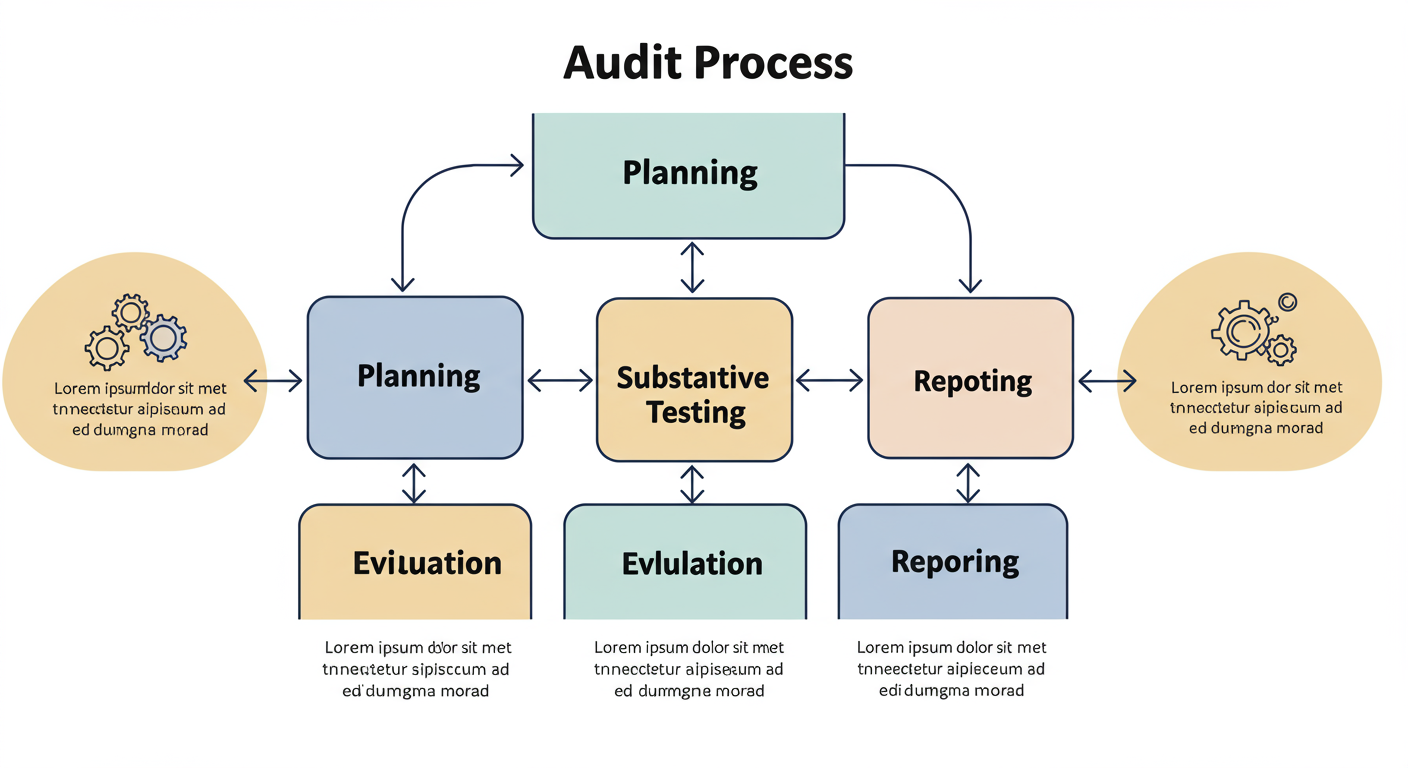 duties of an auditor - A clean, minimalist flowchart diagram illustrating the 5-step audit process. Each step (Planning, Control Testing, Substantive Testing, Evaluation, Reporting) is in a separate box connected by arrows, with 1-2 bullet points of key activities under each box.