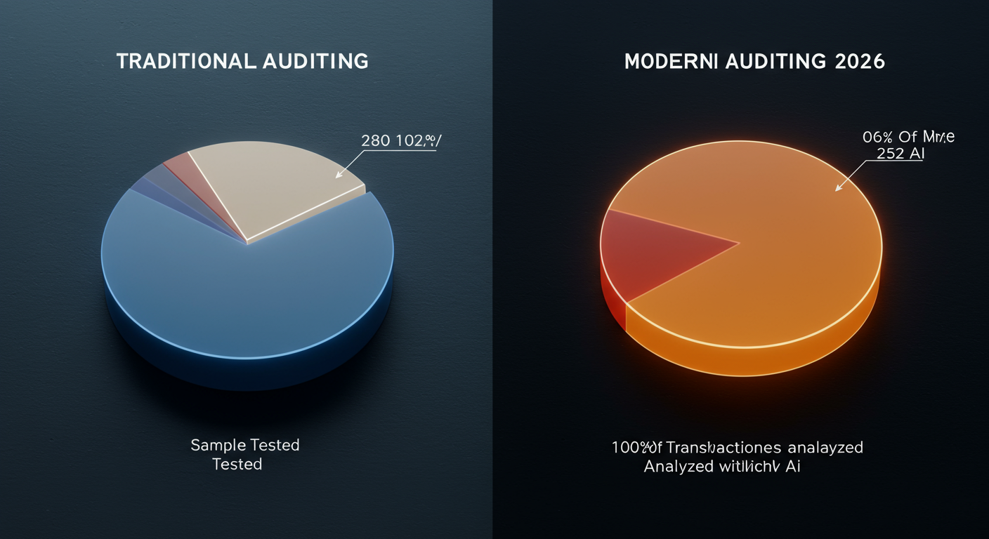 duties of an auditor - A high-quality graphic comparing two sides. 'Traditional Auditing' shows a pie chart with a small slice labeled 'Sample Tested'. 'Modern Auditing (2026)' shows the entire pie chart glowing, labeled '100% of Transactions Analyzed with AI'.