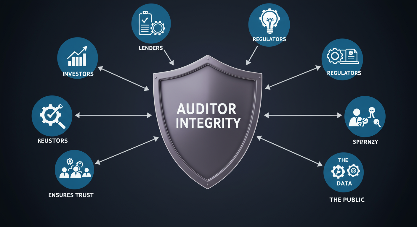 duties of an auditor - Professional infographic showing a central shield labeled 'Auditor' protecting 'Business Integrity'. Arrows point from the shield to icons representing 'Investors', 'Lenders', 'Regulators', and 'The Public', with text like 'Ensures Trust' and 'Verifies Data'.