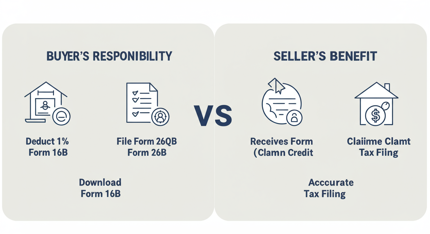 Form 16B password - A simple, clean graphic comparing two sides. Left side labeled 'Buyer's Responsibility' with icons for 'Deduct 1% TDS', 'File Form 26QB', 'Download Form 16B'. Right side labeled 'Seller's Benefit' with icons for 'Receives Form 16B', 'Claims TDS Credit', 'Accurate Tax Filing'.