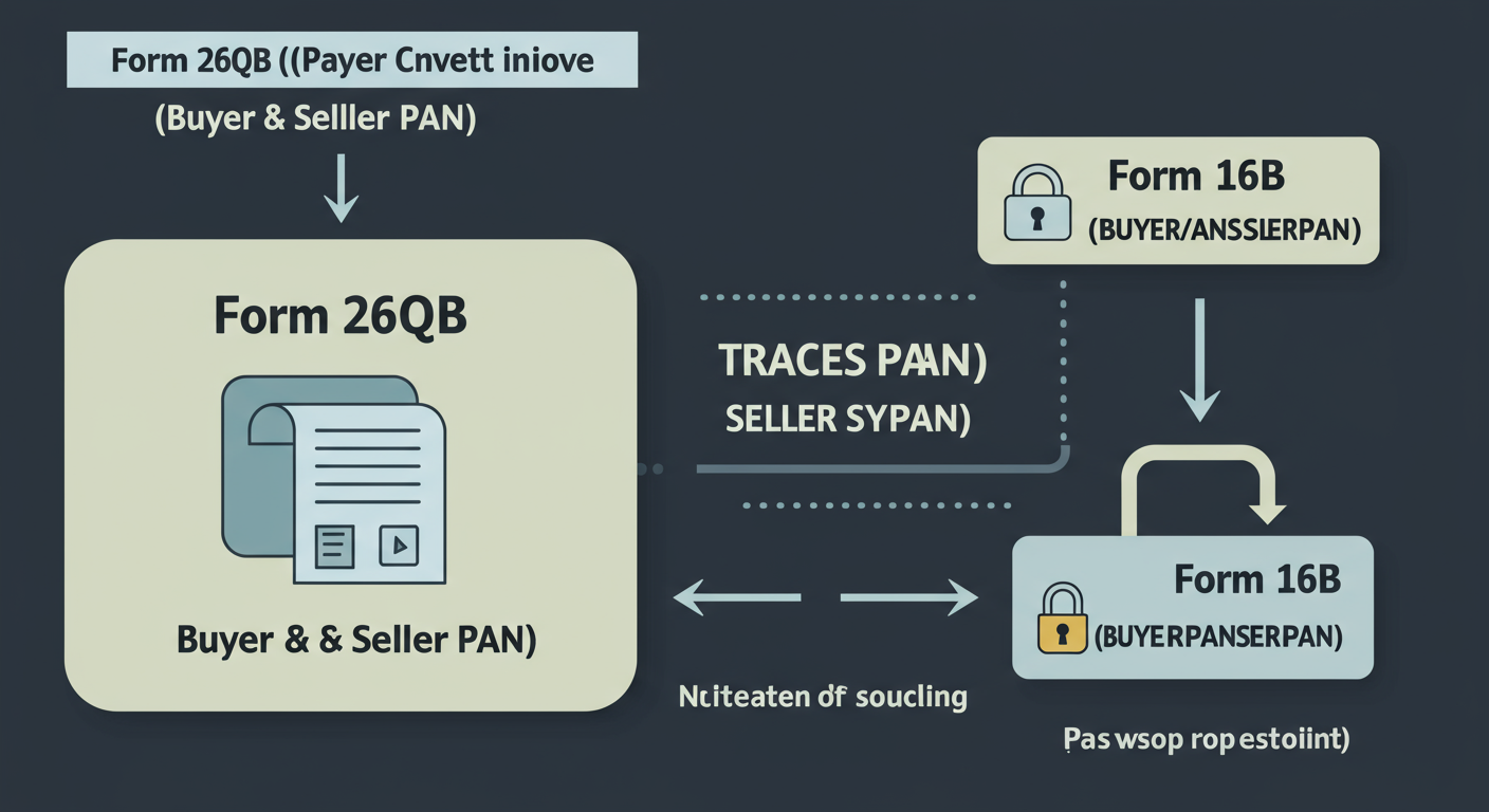 Form 16B password - Educational infographic showing the data flow. A box labeled 'Form 26QB (Buyer & Seller PAN)' has an arrow pointing to a box labeled 'TRACES System', which then has an arrow pointing to a locked PDF icon labeled 'Form 16B (Password = BUYERPANSELLERPAN)'.