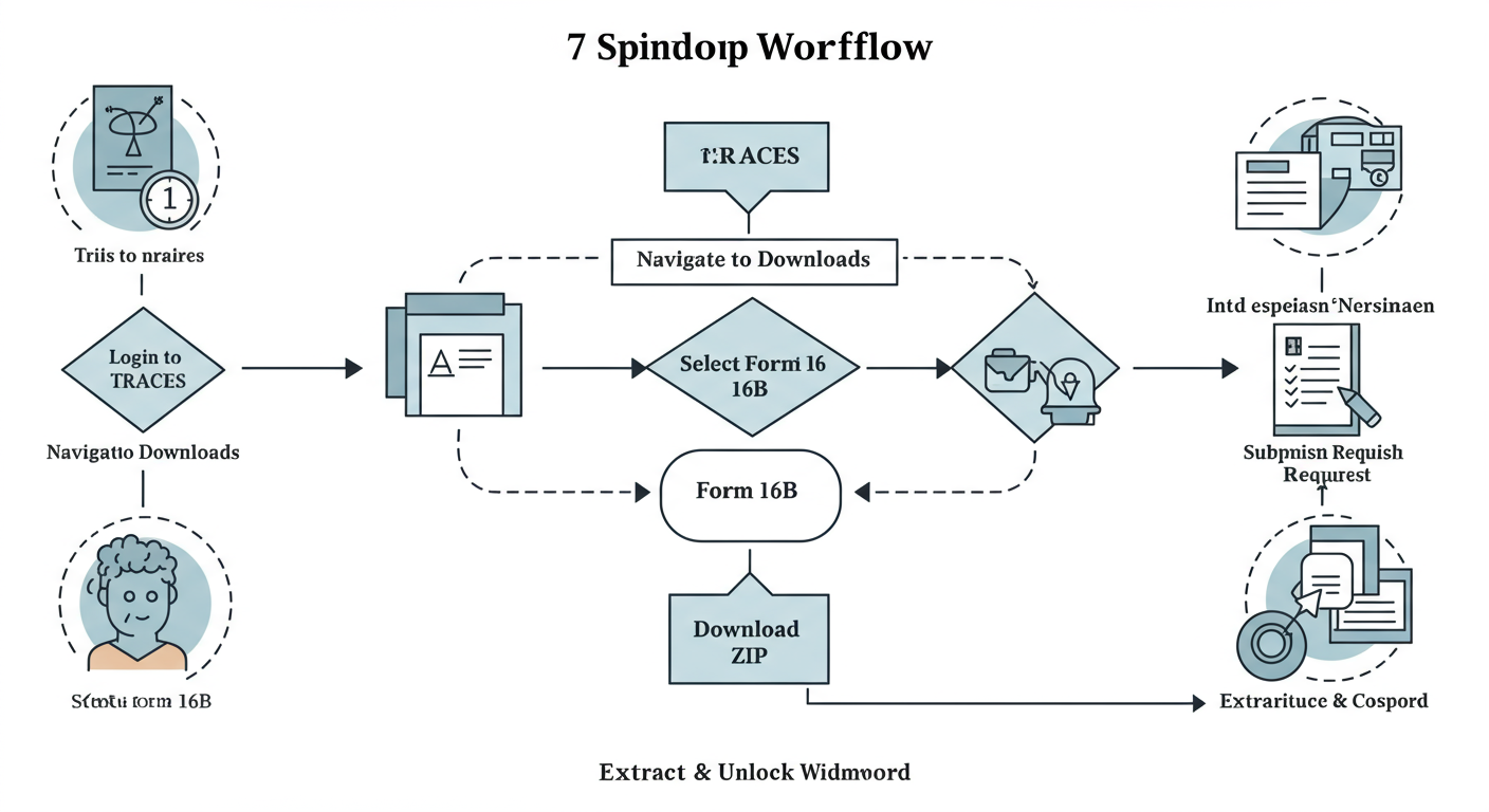 Form 16B password - Professional minimalist flowchart showing the 7-step workflow: 1. Login to TRACES, 2. Navigate to Downloads, 3. Select Form 16B, 4. Enter Details, 5. Submit Request, 6. Download ZIP, 7. Extract & Unlock with Password.